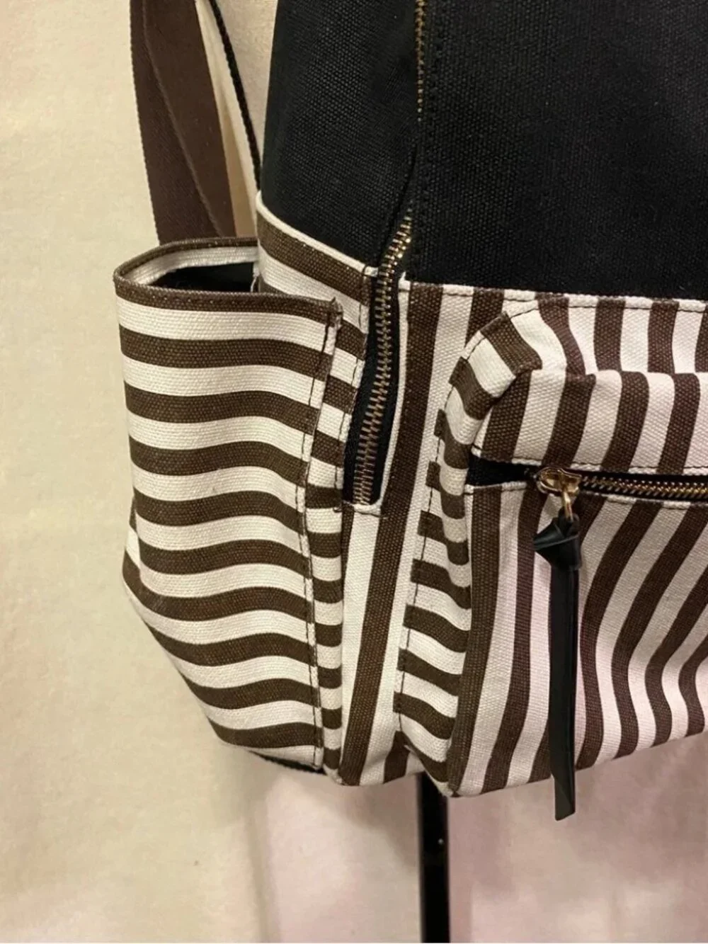 Henri Bendel black white brown striped canvas backpack large